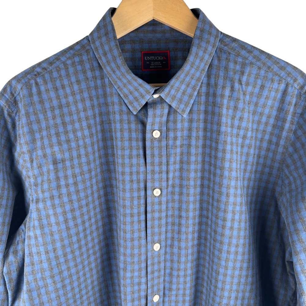 UNTUCKit Mens XL Gingham Check Long Sleeve Button Down Shirt Blue Gray Cotton